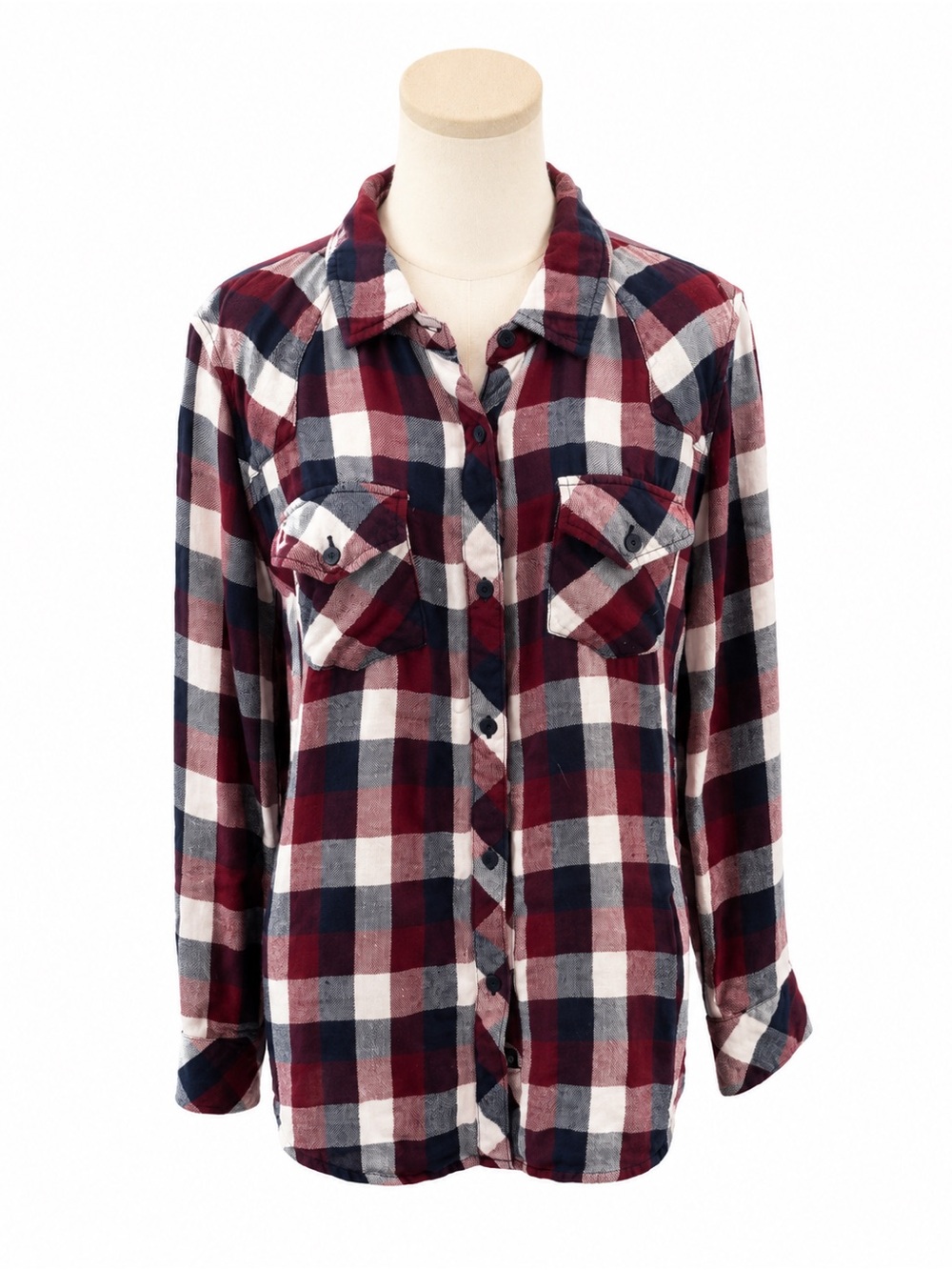 Rails Plaid Flannel Button Down Shirt Size Medium Fully Lined Burgundy Navy